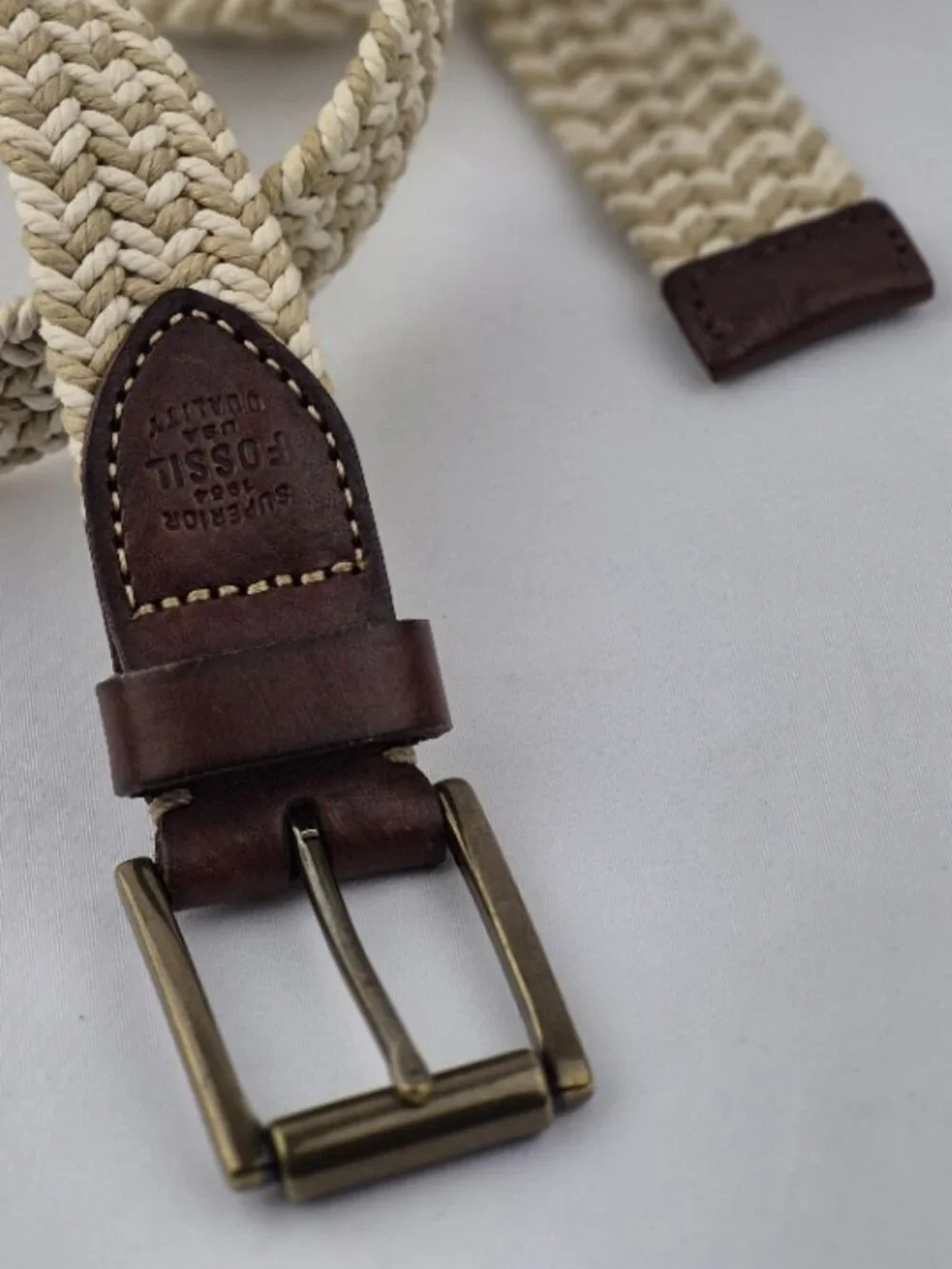Fossil Kyle Khaki Belt Braided Rope & Leather Trim Adjustable Cream Tan Size 34